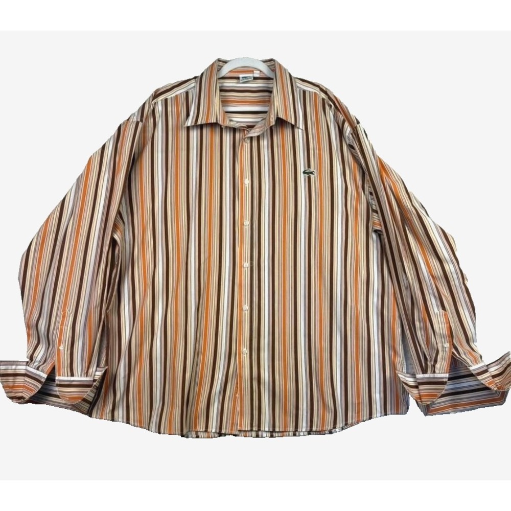 Lacoste Shirt Mens 4XL Brown Orange Striped Button Down‎ Long Sleeve cuff links